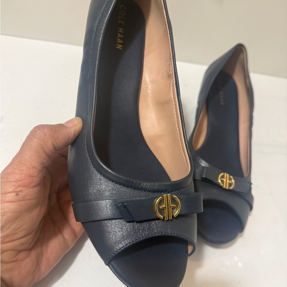 Cole Haan Women's Navy Peep-Toe Flats with Gold Accent - Picture 2 of 16